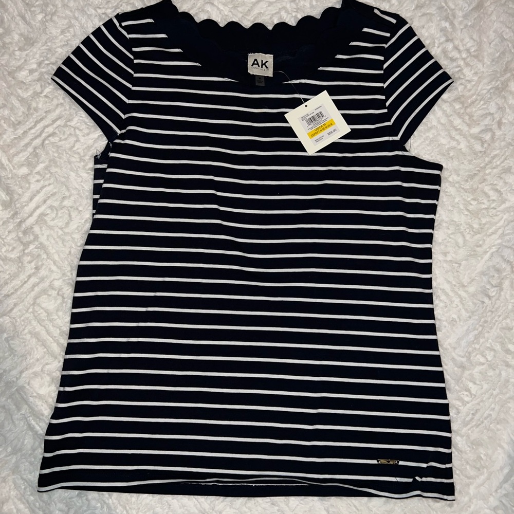 Anne Klein Navy and White Striped Short Sleeve Top